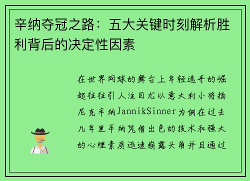 辛纳夺冠之路：五大关键时刻解析胜利背后的决定性因素